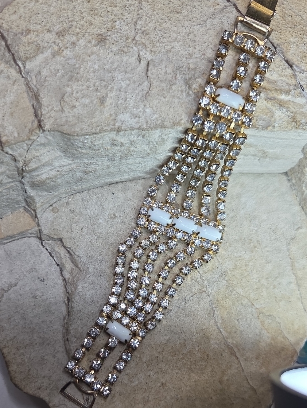 Gold Crystal & White Milk Glass Multi-Row Bracelet